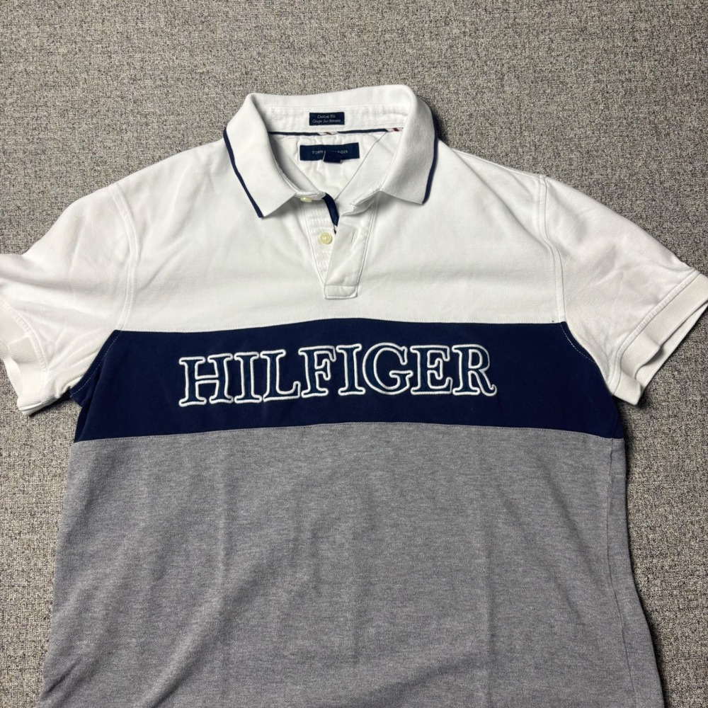 Tommy Hilfiger Polo Shirt Mens Large Custom Fit White Navy Grey Embroidered Logo